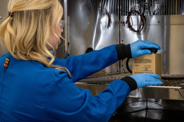 Army C5ISR Center chemical engineer Lexi Karalekas researches batteries at Aberdeen Proving Ground, Maryland, in April 2025.