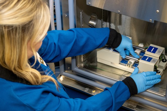Army C5ISR Center chemical engineer Lexi Karalekas researches batteries at Aberdeen Proving Ground, Maryland, in April 2025.