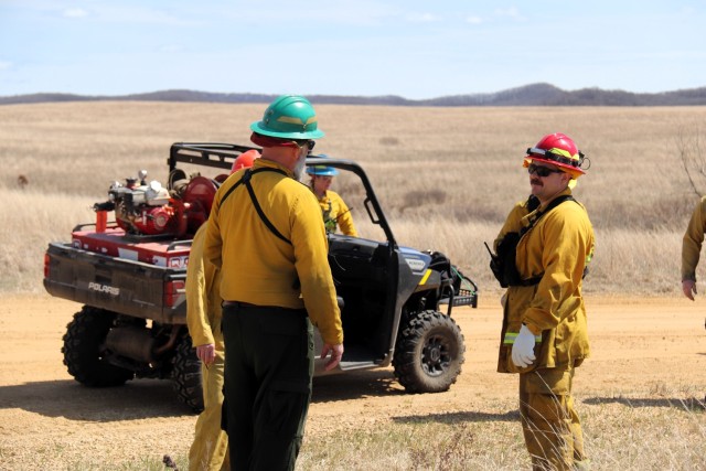 Members of the Fort McCoy prescribed burn team oversee a prescribed burn April 23, 2025, on Badger Drop Zone on South Post at Fort McCoy, Wis. The post prescribed burn team includes personnel with the Fort McCoy Directorate of Emergency Services...