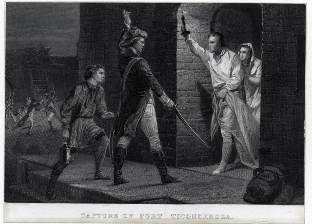 The Capture of Fort Ticonderoga, New York, depicts Ethan Allen and Colonel Benedict Arnold overcoming a British garrison during the Revolutionary War.