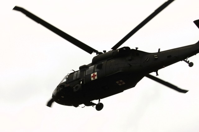 An aircrew with the 1st Battalion, 147th Aviation Regiment of the Wisconsin National Guard operates a UH-60 Black Hawk helicopter April 11, 2025, during drill training at Fort McCoy, Wis. From April 11-13, 2025, Soldiers with the 1st Battalion,...