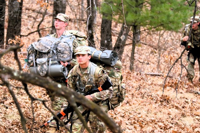 Army ROTC cadets complete field training April 11, 2025, at Fort McCoy, Wis. They are among more than 70 other cadets from seven universities completing field training. ROTC training leaders said the training was a combined field training...