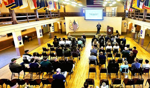 Fort McCoy workforce members participate in a town hall meeting April 24, 2025, with Fort McCoy Garrison leadership at Fort McCoy, Wis. Two meetings were held to provide information to the workforce as well as answer questions about news and...