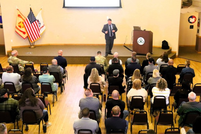 Fort McCoy workforce members participate in a town hall meeting April 24, 2025, with Fort McCoy Garrison leadership at Fort McCoy, Wis. Two meetings were held to provide information to the workforce as well as answer questions about news and...