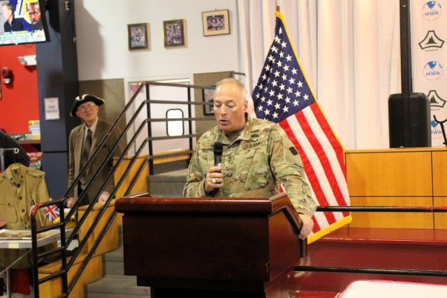 Fort McCoy’s Senior Commander, Maj. Gen. Joseph Ricciardi, commanding general of the 88th Readiness Division, provides opening comments during the 2025 observance of the Army Reserve birthday April 23, 2025, at McCoy’s Community Center at Fort...