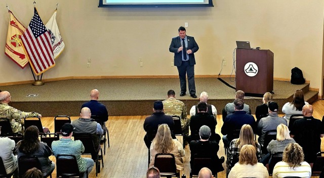 Fort McCoy workforce members participate in a town hall meeting April 24, 2025, with Fort McCoy Garrison leadership at Fort McCoy, Wis. Two meetings were held to provide information to the workforce as well as answer questions about news and...