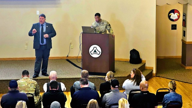 Fort McCoy workforce members participate in a town hall meeting April 24, 2025, with Fort McCoy Garrison leadership at Fort McCoy, Wis. Two meetings were held to provide information to the workforce as well as answer questions about news and...