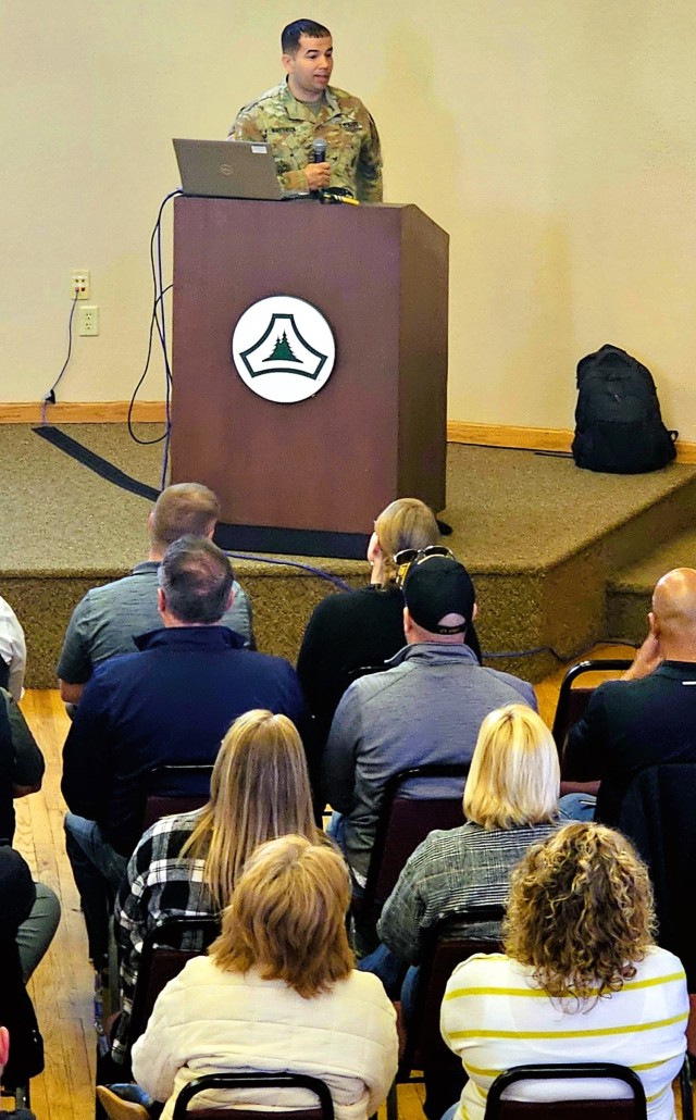 Fort McCoy workforce members participate in a town hall meeting April 24, 2025, with Fort McCoy Garrison leadership at Fort McCoy, Wis. Two meetings were held to provide information to the workforce as well as answer questions about news and...
