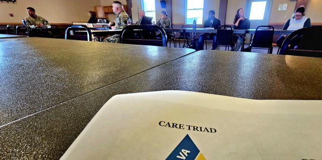 Leaders and staff from Fort McCoy, the Tomah VA Medical Center, and Volk Field, Wis., meet May 6, 2025, at Fort McCoy, Wis., to discuss medical readiness for service members, and more. The “Care Triad” as they are called meets regularly to...