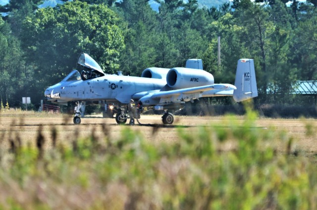 An Air Force pilot guides an A-10C Thunderbolt II aircraft to a landing at Fort McCoy, Wis., on Sept. 14, 2023, as part of training operations at installation. Several A-10s completed taking off and landing at Young Air Assault Strip on South Post...