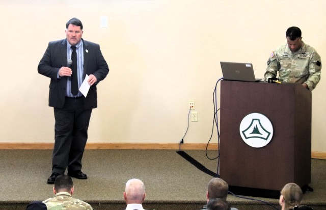 Fort McCoy workforce members participate in a town hall meeting April 24, 2025, with Fort McCoy Garrison leadership at Fort McCoy, Wis. Two meetings were held to provide information to the workforce as well as answer questions about news and...