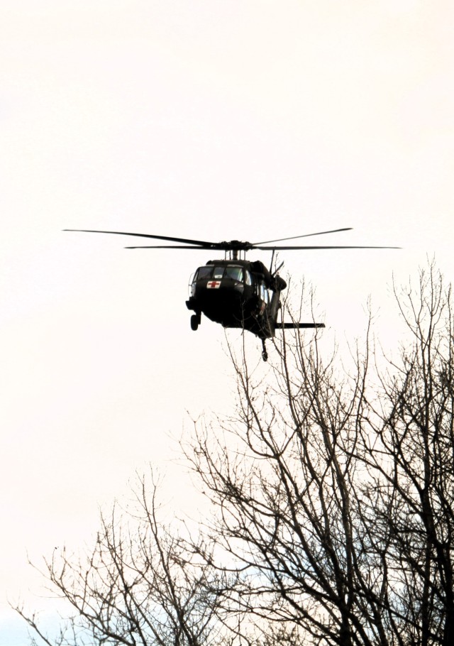 An aircrew with the 1st Battalion, 147th Aviation Regiment of the Wisconsin National Guard operates a UH-60 Black Hawk helicopter April 11, 2025, during drill training at Fort McCoy, Wis. From April 11-13, 2025, Soldiers with the 1st Battalion,...
