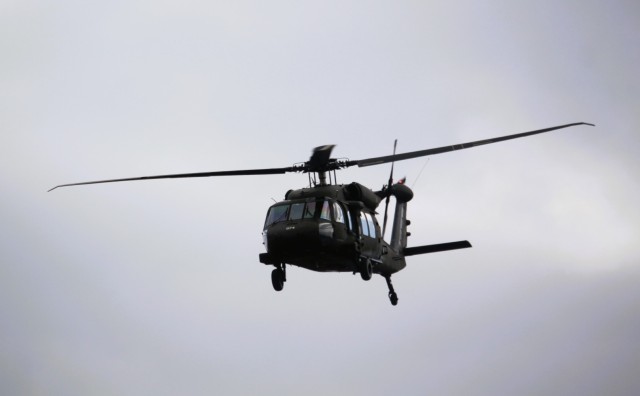An aircrew with the 1st Battalion, 147th Aviation Regiment of the Wisconsin National Guard operates a UH-60 Black Hawk helicopter April 11, 2025, during drill training at Fort McCoy, Wis. From April 11-13, 2025, Soldiers with the 1st Battalion,...