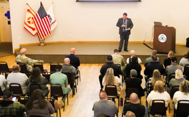 Fort McCoy workforce members participate in a town hall meeting April 24, 2025, with Fort McCoy Garrison leadership at Fort McCoy, Wis. Two meetings were held to provide information to the workforce as well as answer questions about news and...