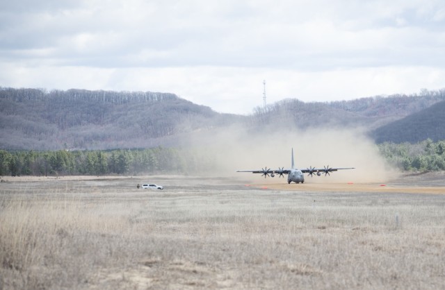 A C-130 Hercules completes operations in support of the Air Force’s Air Mobility Liaison Officer Qualification Course on April 15, 2025, at Young Air Assault Strip at Fort McCoy, Wis. Lt. Col. Andrew Baker, course director with the 435th...