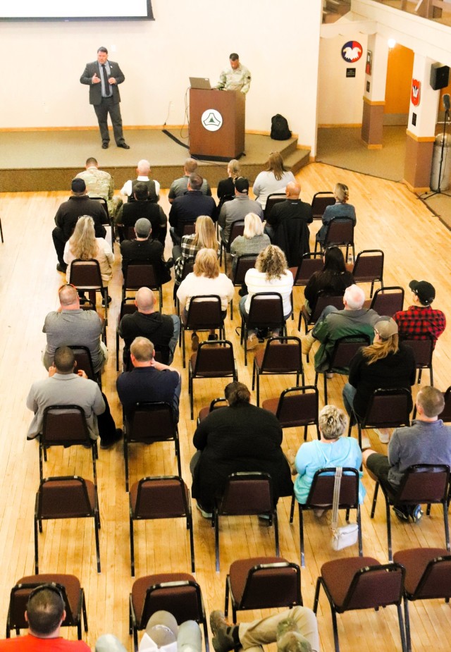 Fort McCoy workforce members participate in a town hall meeting April 24, 2025, with Fort McCoy Garrison leadership at Fort McCoy, Wis. Two meetings were held to provide information to the workforce as well as answer questions about news and...