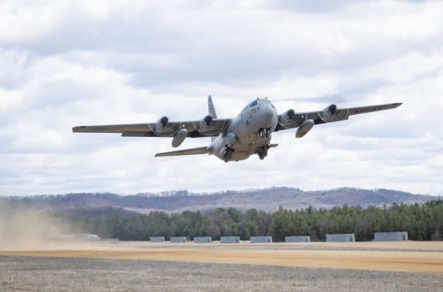 A C-130 Hercules completes operations in support of the Air Force’s Air Mobility Liaison Officer Qualification Course on April 15, 2025, at Young Air Assault Strip at Fort McCoy, Wis. Lt. Col. Andrew Baker, course director with the 435th...