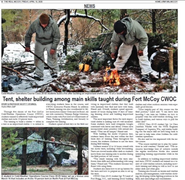 This is a news clipping from the April 10, 2020, edition of The Real McCoy newspaper at Fort McCoy, Wis. During that time, the installation was continuing its mission training service members largely from the Army Reserve and National Guard. (U.S....