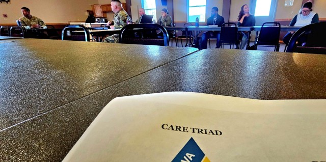 Leaders and staff from Fort McCoy, the Tomah VA Medical Center, and Volk Field, Wis., meet May 6, 2025, at Fort McCoy, Wis., to discuss medical readiness for service members, and more. The “Care Triad” as they are called meets regularly to...