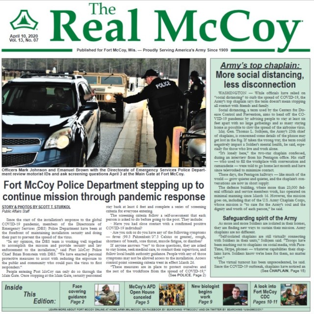 This is a news clipping from the April 10, 2020, edition of The Real McCoy newspaper at Fort McCoy, Wis. During that time, the installation was continuing its mission training service members largely from the Army Reserve and National Guard. (U.S....