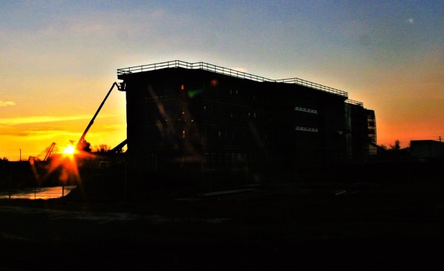 An area of the 1600 block of the cantonment area of the installation is shown Dec. 3, 2020, at sunrise as a new multi-million-dollar transient troop training barracks is being built at Fort McCoy, Wis. Contractor L.S. Black Constructors was...