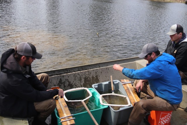 Watershed Management Biologist Derek Maki and Watershed Management Specialists Jaden Gallardo and Trenton Foreman with Colorado State University conduct a fish survey April 22, 2025, at Stillwell Lake on South Post at Fort McCoy, Wis. They...