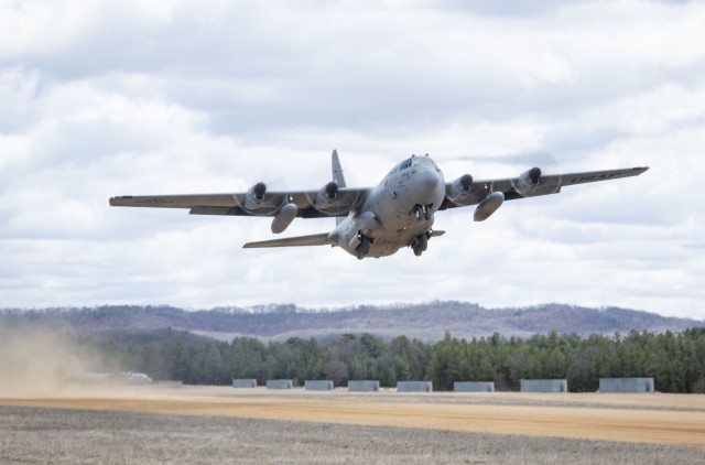 A C-130 Hercules completes operations in support of the Air Force’s Air Mobility Liaison Officer Qualification Course on April 15, 2025, at Young Air Assault Strip at Fort McCoy, Wis. Lt. Col. Andrew Baker, course director with the 435th...