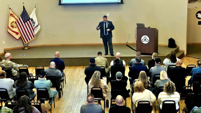Fort McCoy workforce members participate in a town hall meeting April 24, 2025, with Fort McCoy Garrison leadership at Fort McCoy, Wis. Two meetings were held to provide information to the workforce as well as answer questions about news and...