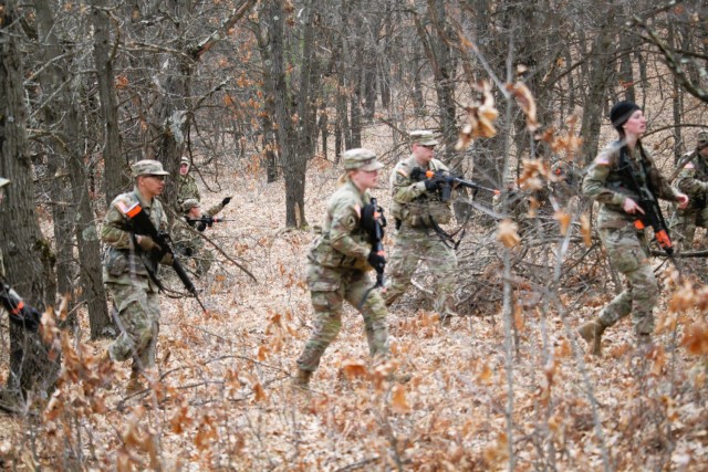 Army ROTC cadets complete field training April 11, 2025, at Fort McCoy, Wis. They are among more than 70 other cadets from seven universities completing field training. ROTC training leaders said the training was a combined field training...