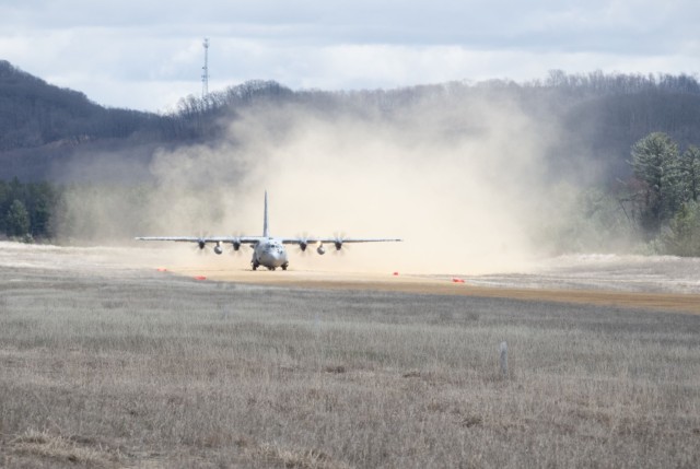 A C-130 Hercules completes operations in support of the Air Force’s Air Mobility Liaison Officer Qualification Course on April 15, 2025, at Young Air Assault Strip at Fort McCoy, Wis. Lt. Col. Andrew Baker, course director with the 435th...