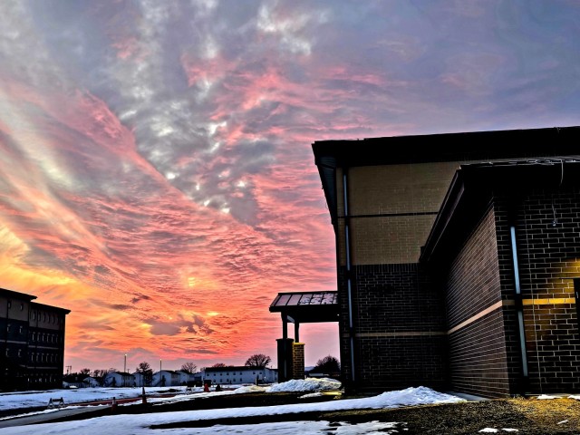 The construction area for a future transient training brigade headquarters in the 1600 block on the cantonment area is shown at sunset Jan. 29, 2024, at Fort McCoy, Wis. A contract, totaling $11,964,432.87, was awarded June 9, 2022, to L.S. Black...