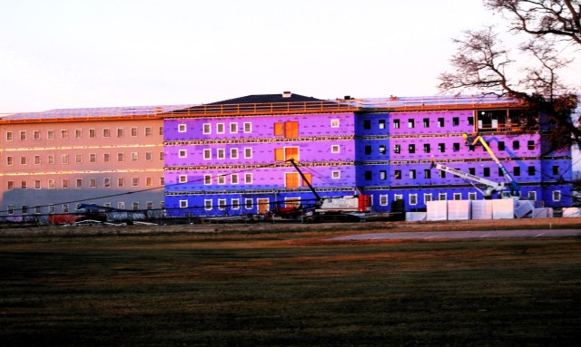 An area of the 1600 block of the cantonment area of the installation is shown Dec. 3, 2020, at sunrise as a new multi-million-dollar barracks is being built at Fort McCoy, Wis. Contractor L.S. Black Constructors was awarded a $20.6 million...