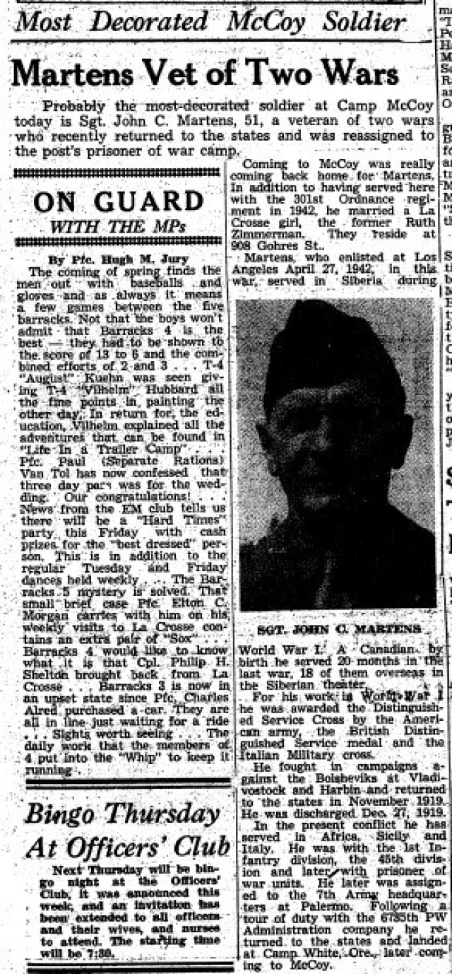 This is a news clipping from the April 14, 1945, edition of The Real McCoy newspaper at Fort McCoy, Wis. During that time, the installation was busy preparing service members for fighting in World War II. (U.S. Army Historical Photo)