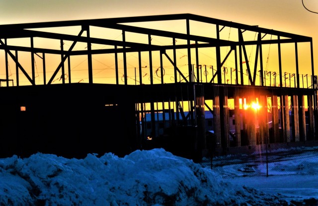 The construction area for a future transient training brigade headquarters in the 1600 block on the cantonment area is shown at sunset Feb. 2, 2023, at Fort McCoy, Wis. A contract, totaling $11,964,432.87, was awarded June 9, 2022, to L.S. Black...