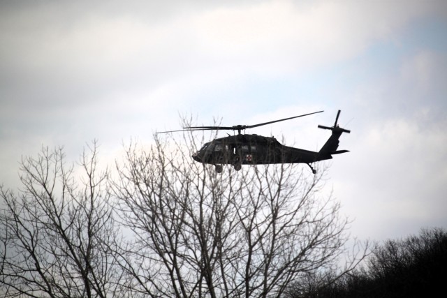 An aircrew with the 1st Battalion, 147th Aviation Regiment of the Wisconsin National Guard operates a UH-60 Black Hawk helicopter April 11, 2025, during drill training at Fort McCoy, Wis. From April 11-13, 2025, Soldiers with the 1st Battalion,...