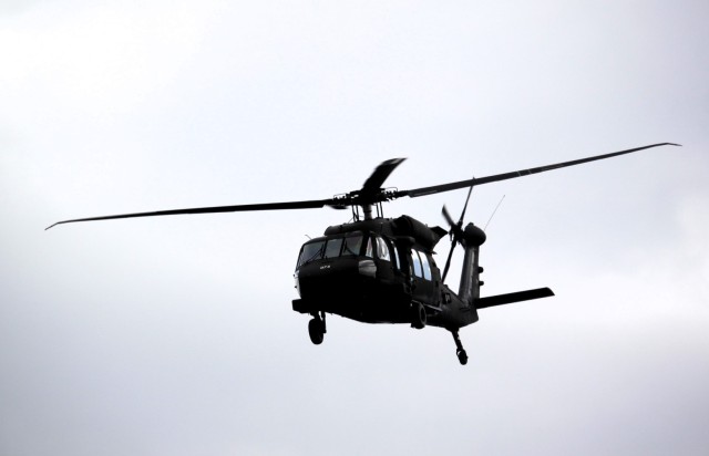 An aircrew with the 1st Battalion, 147th Aviation Regiment of the Wisconsin National Guard operates a UH-60 Black Hawk helicopter April 11, 2025, during drill training at Fort McCoy, Wis. From April 11-13, 2025, Soldiers with the 1st Battalion,...