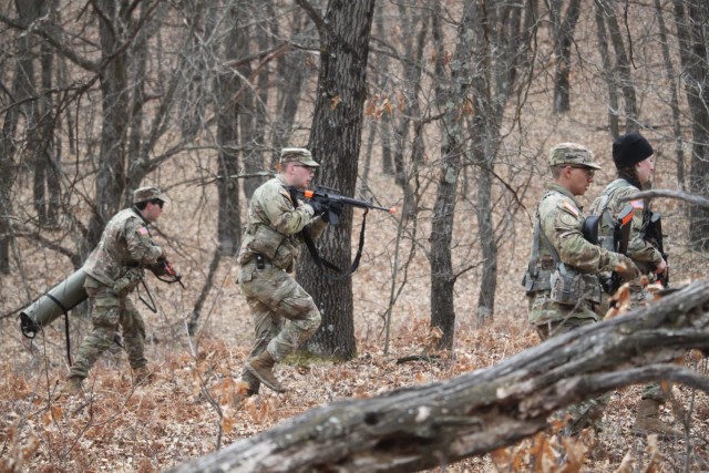Army ROTC cadets complete field training April 11, 2025, at Fort McCoy, Wis. They are among more than 70 other cadets from seven universities completing field training. ROTC training leaders said the training was a combined field training...