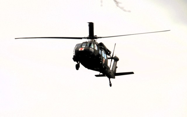 An aircrew with the 1st Battalion, 147th Aviation Regiment of the Wisconsin National Guard operates a UH-60 Black Hawk helicopter April 11, 2025, during drill training at Fort McCoy, Wis. From April 11-13, 2025, Soldiers with the 1st Battalion,...