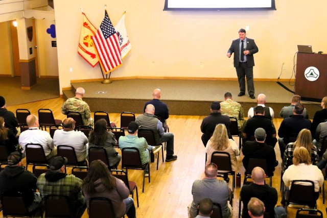 Fort McCoy workforce members participate in a town hall meeting April 24, 2025, with Fort McCoy Garrison leadership at Fort McCoy, Wis. Two meetings were held to provide information to the workforce as well as answer questions about news and...