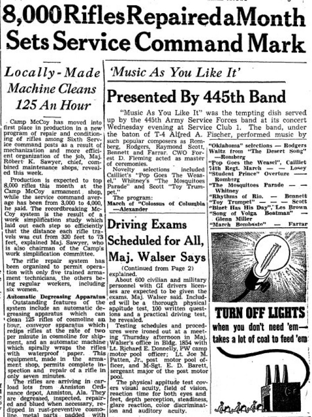This is a news clipping from the April 7, 1945, edition of The Real McCoy newspaper at Fort McCoy, Wis. During that time, the installation was busy preparing service members for fighting in World War II. (U.S. Army Historical Photo)