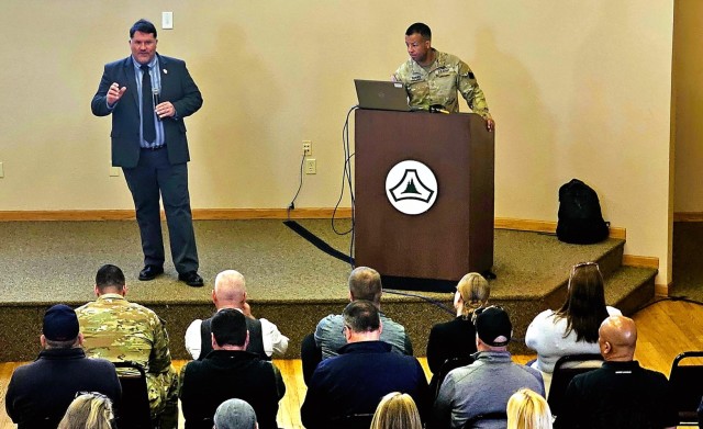 Fort McCoy workforce members participate in a town hall meeting April 24, 2025, with Fort McCoy Garrison leadership at Fort McCoy, Wis. Two meetings were held to provide information to the workforce as well as answer questions about news and...