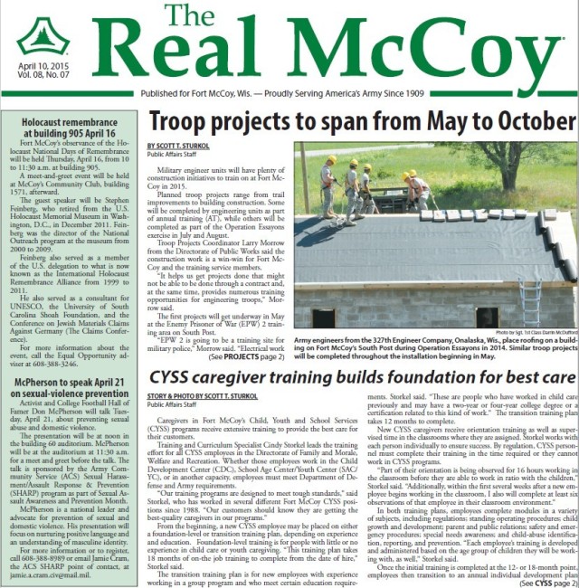 This is a news clipping from the April 10, 2015, edition of The Real McCoy newspaper at Fort McCoy, Wis. During that time, the installation was continuing its mission training service members largely from the Army Reserve and National Guard. (U.S....