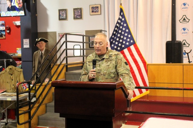 Fort McCoy’s Senior Commander, Maj. Gen. Joseph Ricciardi, commanding general of the 88th Readiness Division, provides opening comments during the 2025 observance of the Army Reserve birthday April 23, 2025, at McCoy’s Community Center at Fort...