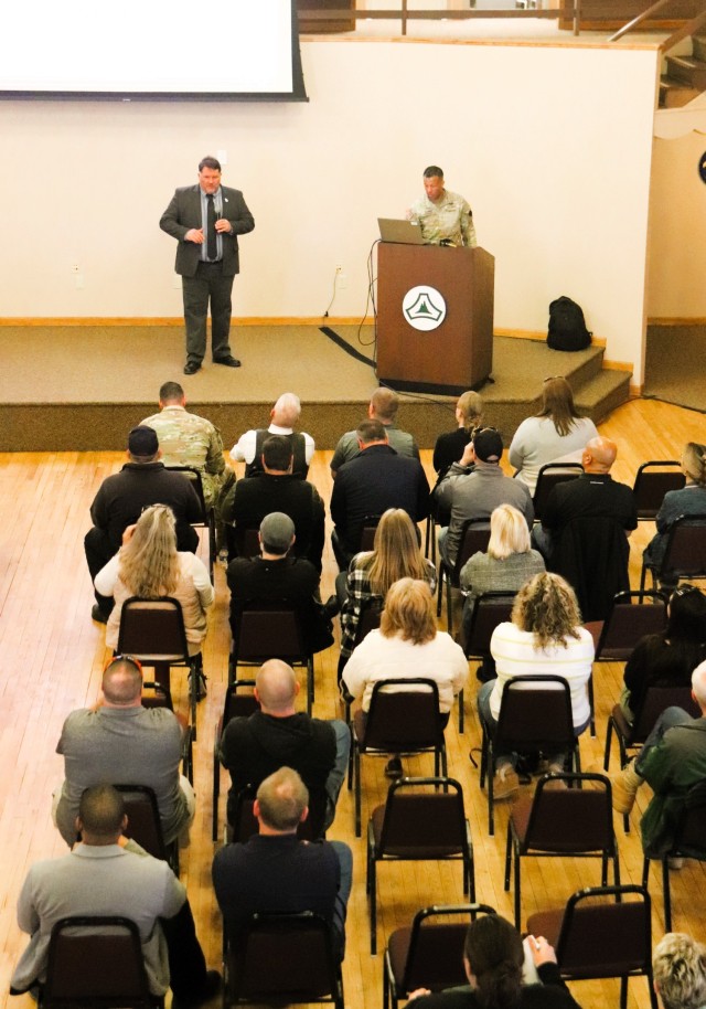 Fort McCoy workforce members participate in a town hall meeting April 24, 2025, with Fort McCoy Garrison leadership at Fort McCoy, Wis. Two meetings were held to provide information to the workforce as well as answer questions about news and...