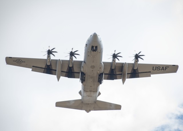 A C-130 Hercules completes operations in support of the Air Force’s Air Mobility Liaison Officer Qualification Course on April 15, 2025, at Young Air Assault Strip at Fort McCoy, Wis. Lt. Col. Andrew Baker, course director with the 435th...