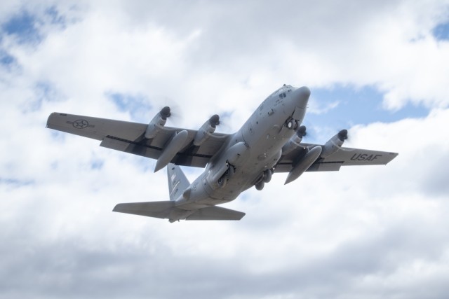 A C-130 Hercules completes operations in support of the Air Force’s Air Mobility Liaison Officer Qualification Course on April 15, 2025, at Young Air Assault Strip at Fort McCoy, Wis. Lt. Col. Andrew Baker, course director with the 435th...