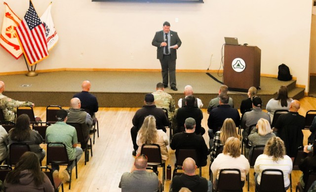 Fort McCoy workforce members participate in a town hall meeting April 24, 2025, with Fort McCoy Garrison leadership at Fort McCoy, Wis. Two meetings were held to provide information to the workforce as well as answer questions about news and...