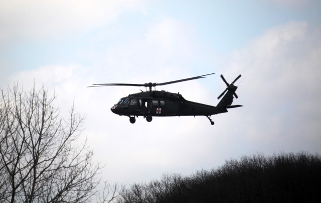An aircrew with the 1st Battalion, 147th Aviation Regiment of the Wisconsin National Guard operates a UH-60 Black Hawk helicopter April 11, 2025, during drill training at Fort McCoy, Wis. From April 11-13, 2025, Soldiers with the 1st Battalion,...
