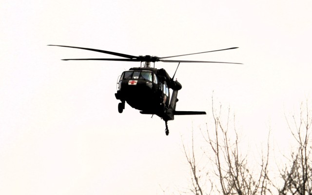 An aircrew with the 1st Battalion, 147th Aviation Regiment of the Wisconsin National Guard operates a UH-60 Black Hawk helicopter April 11, 2025, during drill training at Fort McCoy, Wis. From April 11-13, 2025, Soldiers with the 1st Battalion,...