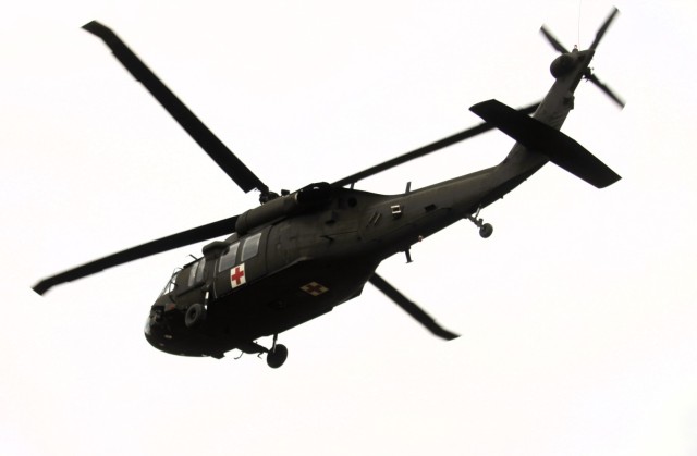 An aircrew with the 1st Battalion, 147th Aviation Regiment of the Wisconsin National Guard operates a UH-60 Black Hawk helicopter April 11, 2025, during drill training at Fort McCoy, Wis. From April 11-13, 2025, Soldiers with the 1st Battalion,...